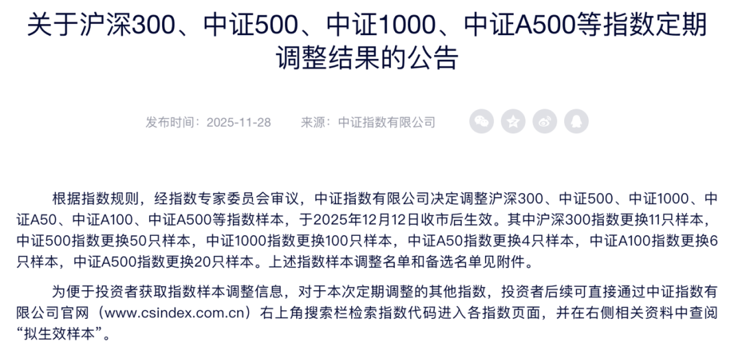 A股重要调整!沪深300、中证500等指数定期调整
