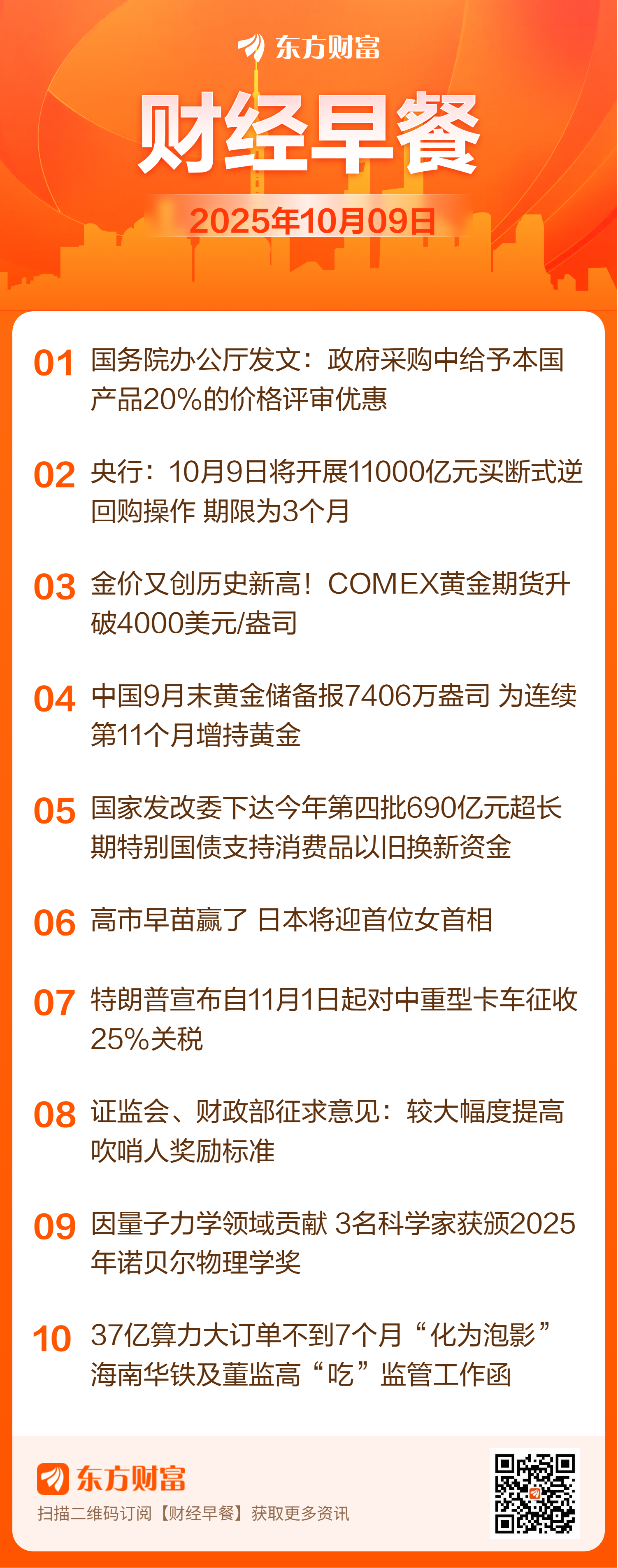 东方财富财经早餐 10月9日周四