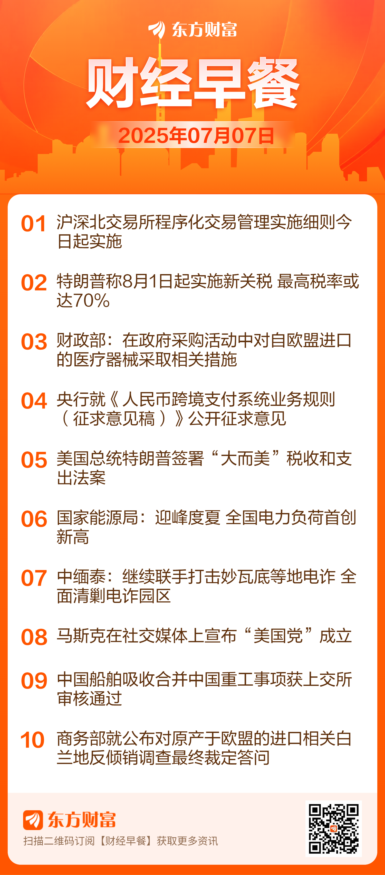 东方财富财经早餐 7月7日周一
