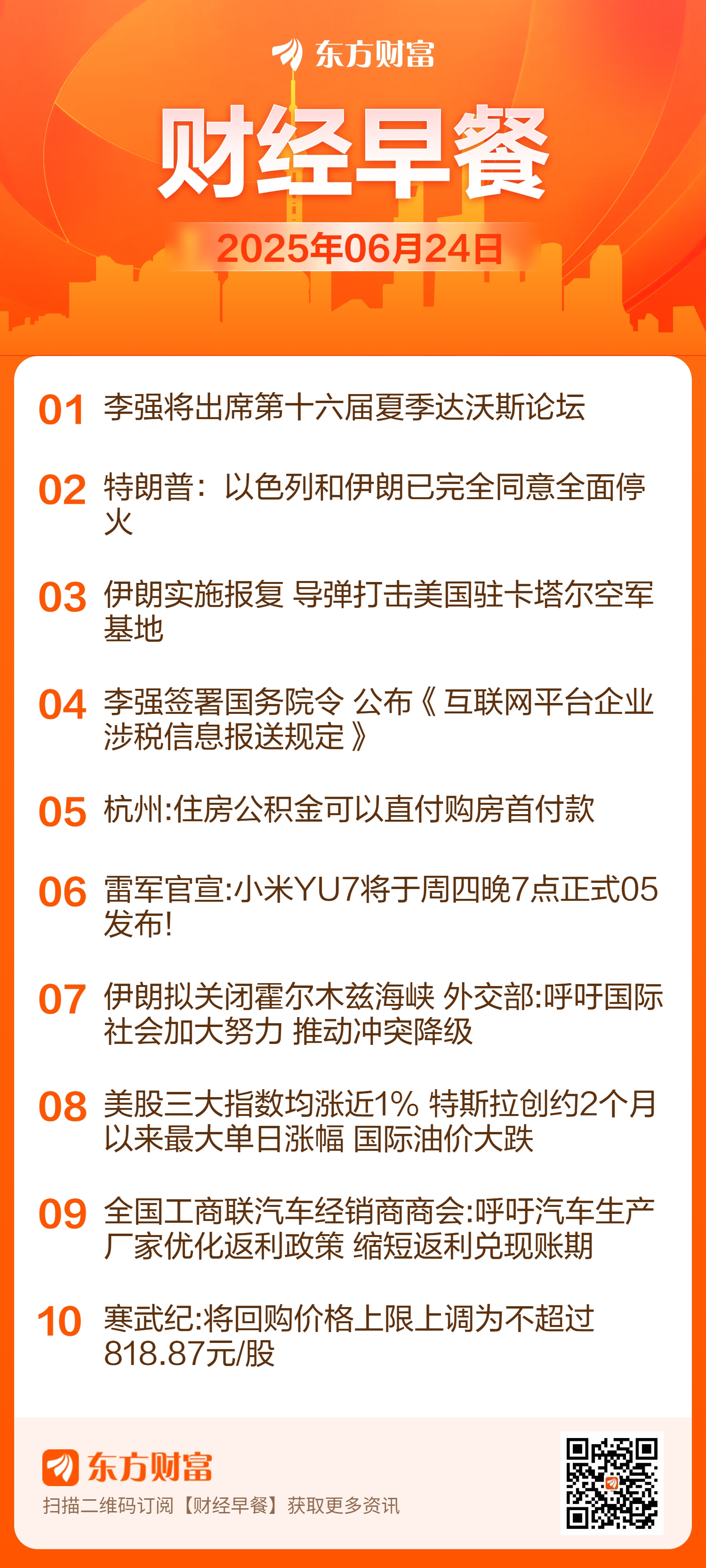 东方财富财经早餐 6月24日周二