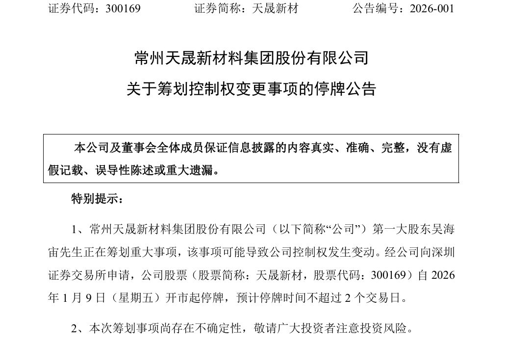 300169、002554 筹划易主!1月9日起停牌